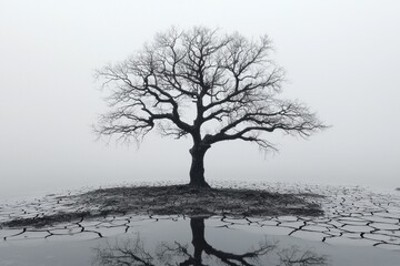 Lone tree on cracked earth in fog, reflection in water, climate change concept