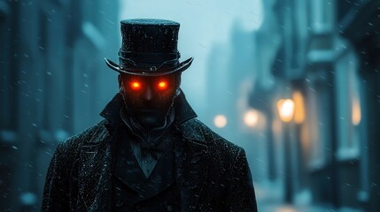 Mysterious figure in snowy street at night with glowing eyes, vintage attire and historical ambiance, creating a suspenseful atmosphere