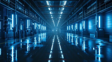 Futuristic cavernous industrial warehouse hallway with a clean minimalist design featuring a vanishing perspective glowing blue LED lights and a shiny reflective floor creating an otherworldly