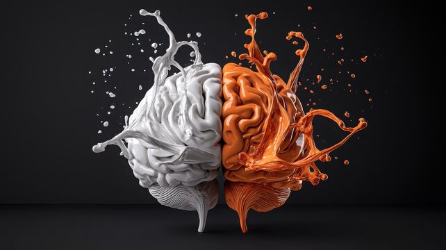Dual Brain Power: Abstract 3D rendering of a brain split in two, with one half rendered in white and the other in vibrant orange, both splashing dynamically.  Represents creativity. - Powered by Adobe
