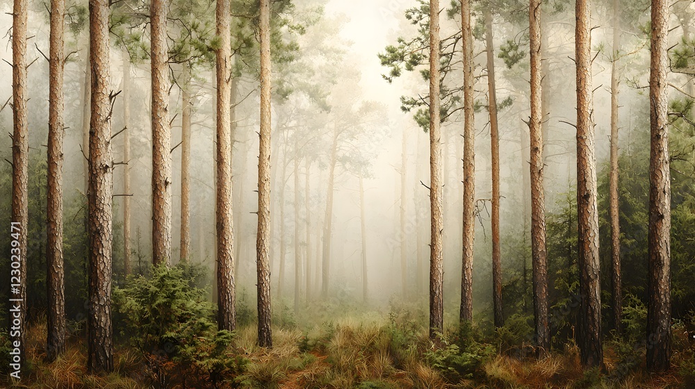 Poster enchanting misty forest landscape with tall pine trees and winding pathway leading through a serene 