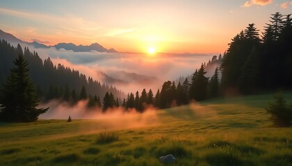 Majestic Sunrise Over Foggy Mountain Valley