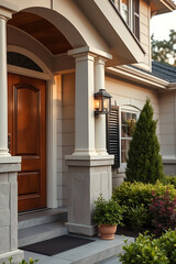 Elegant Home Exterior with Stone Columns and Lush Landscaping: A Perfect Blend of Architecture and Nature