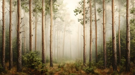 Enchanting misty forest landscape with tall pine trees and winding pathway leading through a serene and mysterious natural setting inviting and adventure  The moody