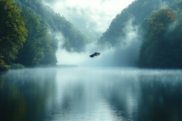 Eagle soars over misty lake in forested valley