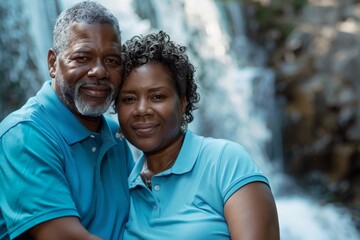 Fototapeta premium Portrait of a happy afro-american couple in their 40s wearing a breathable golf polo over backdrop of a spectacular waterfall