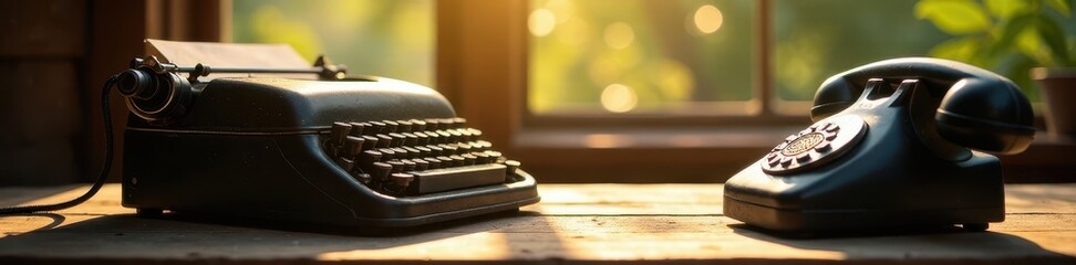 Dusty typewriter and old phone on wooden surface Sunlit scene , retro, vintage technology