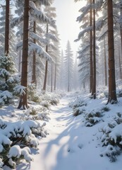 Pine forest covered in a blanket of fresh snow, tranquil, cold season