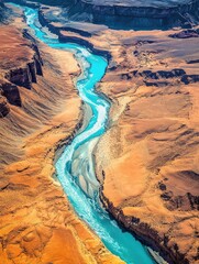 A beautiful and colorful river cutting through a red rock desert, displaying the stark contrast between water and land in an arid environment.