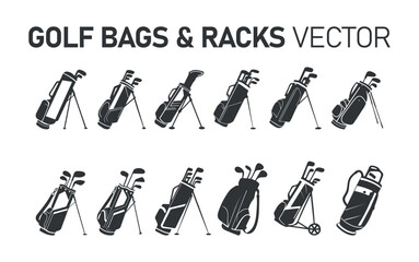Golf bags vector clip art Isolated bundle, Golf bag stick and ball club collection, Golf Outline silhouette vector set