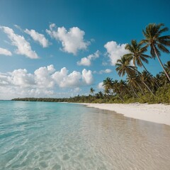 Turquoise Beach Paradise – A pristine white sand beach with turquoise waters, gentle waves lapping the shore, and palm trees swaying in the breeze.