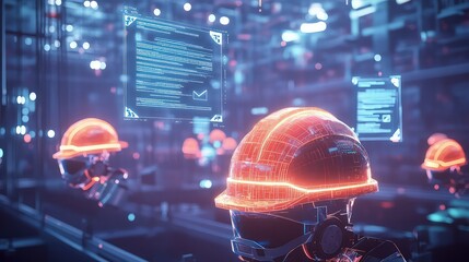 A futuristic construction site with glowing safety helmets and digital contracts floating in the air, highlighting the importance of labor laws in protecting workers' rights and safety