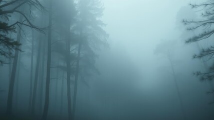 Mysterious misty forest shrouded in fog, creating an ethereal and tranquil atmosphere, hazy, white background