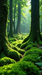 Lush carpet of emerald green moss covering mountain tree trunks, forests, moss, natural world