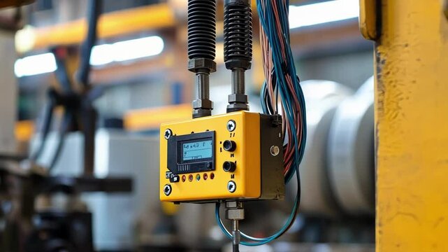 A closeup of a data collection device attached to industrial equipment with wires and sensors recording vibrations and temperature changes designed for predictive maintenance analysis