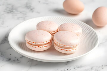 Obraz premium Pink Easter Macarons with Cream Filling, Festive Decoration on a White Rustic Background