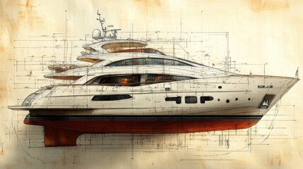 Naklejka premium Detailed architectural sketch of a luxurious yacht showcasing design elements and dimensions