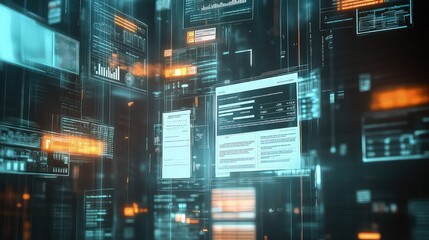 Naklejka premium A futuristic digital audit, with glowing tax forms, receipts, and financial charts floating in the air, representing the process of taxation and financial review