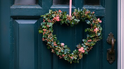 Heart-Shaped Ivy Wreath on Wooden Door
