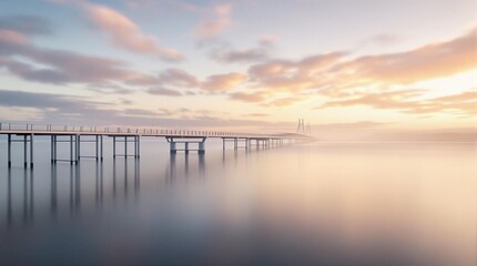 Obraz premium infinite bridge at sunrise over bay with calm waters and dramatic sky