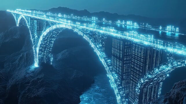 A futuristic digital bridge made of glowing data streams, connecting two massive data servers across a virtual landscape, illustrating the movement and sharing of large-scale data