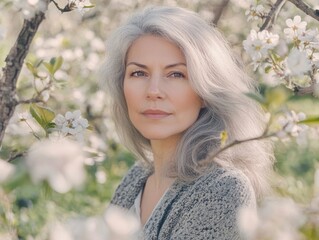 A woman in a garden, surrounded by spring blossoms, evoking a sense of tranquility and connection to nature.