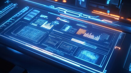 Close-up of a futuristic digital dashboard with glowing blue interface and charts.