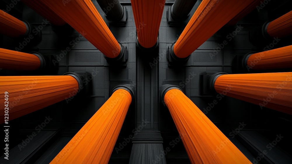 Poster abstract columns: a striking architectural perspective of vibrant orange columns against a dark, sha