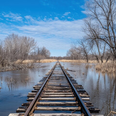 Fototapeta premium Submerged railroad tracks surrounded by floodwaters and trees under blue sky