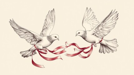Obraz premium Elegant Doves with Flowing Ribbons in Flight