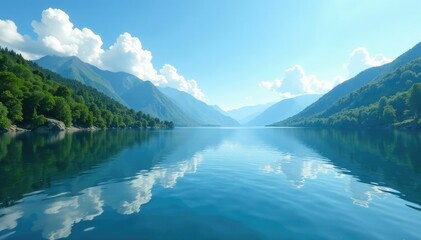 Serene lake scene with calm water and blue sky, stillness, reflection