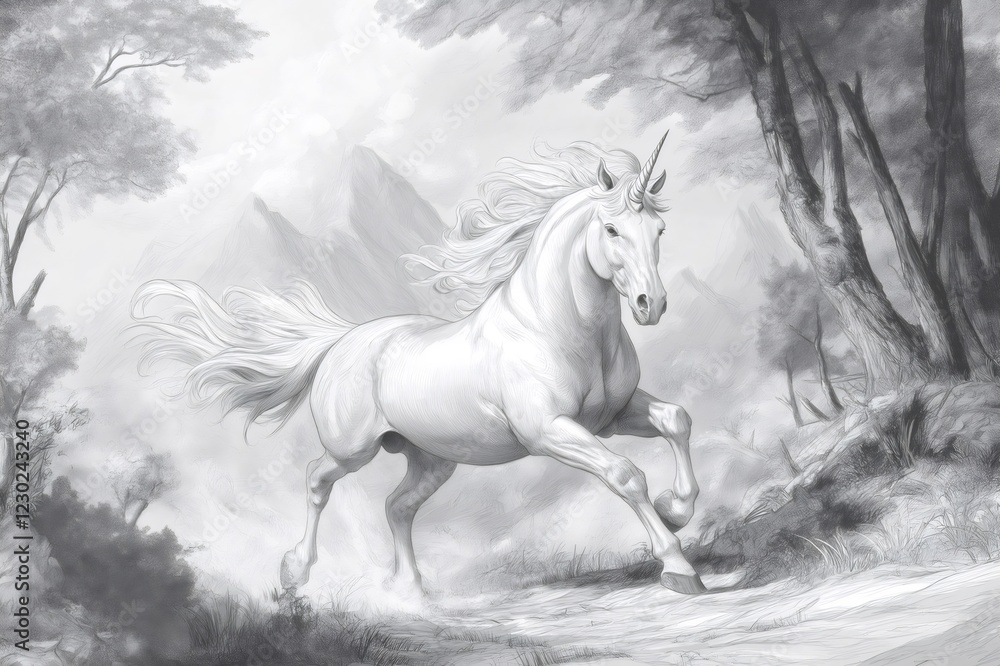 Poster pencil sketch of a unicorn running in a magical forest with mountains in the background, creating a 