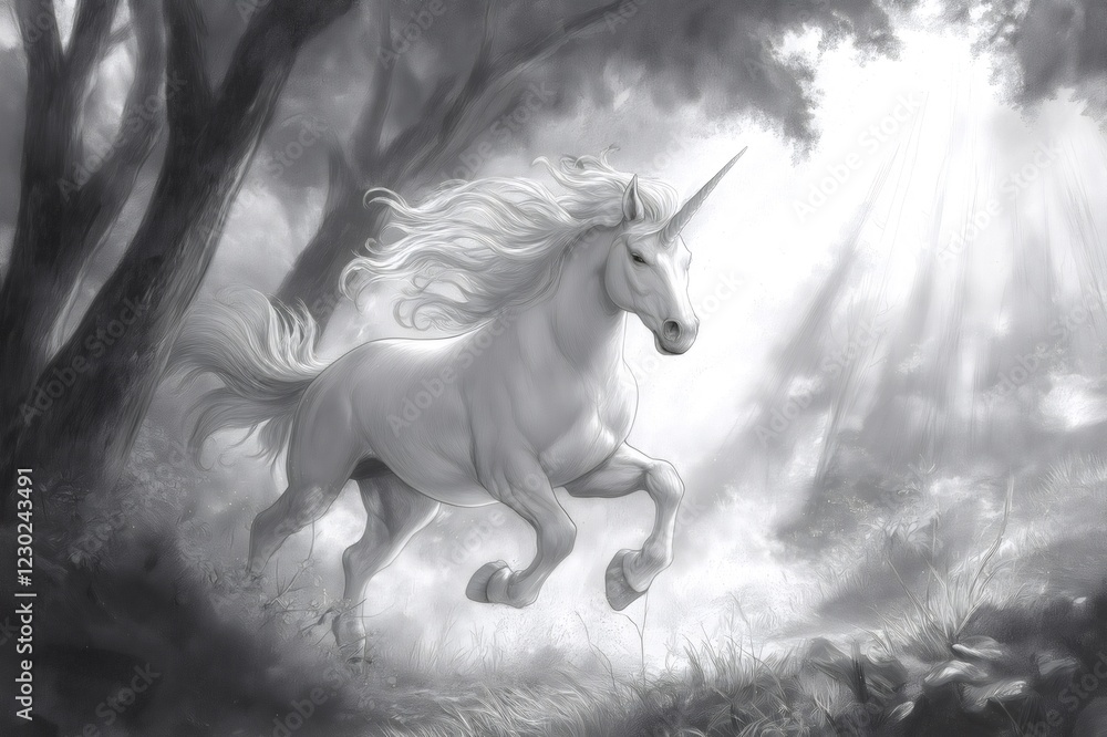 Poster pencil sketch of a unicorn running through a magical forest with sunbeams, creating a mystical and e