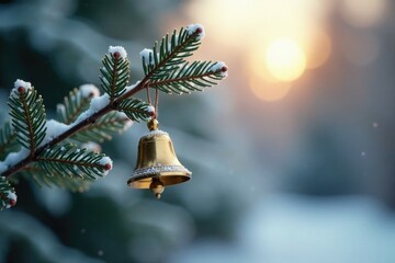 a single Christmas bell hanging from a small branch of a bare evergreen tree in a frosty morning, festive bells, bare trees, snow covered branches