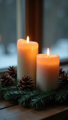 Candles and pinecones create a peaceful ambiance, winter, pinecones