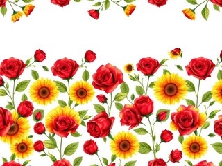 Repeating Pattern of Red Roses and Yellow Sunflowers, romantic gestures, red roses yellow sunflowers flower pattern floral arrangement, vibrant hues