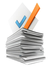 Isolated Stack of Documents with Check Mark and Highlighted Paper
