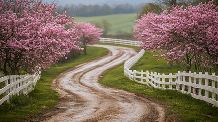 A Spring Country Path, beautiful painted pink spring flowers, wooden white fence and dirt path.