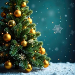 Evergreen Christmas tree with yellow gold ornaments and lights, winter wonderland, sparkling, snowflake