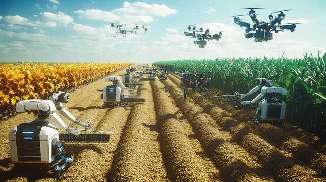 A futuristic field with robots planting seeds in precise rows, while digital drones above scan the soil to provide data on nutrient distribution and crop health