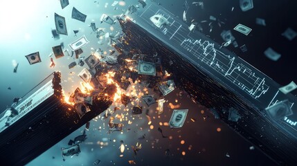 The collapse of financial infrastructure during an economic crisis is symbolized by a futuristic financial bridge that collapses into fragments, with digital graphs and money symbols disintegrating.