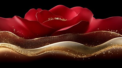 Fototapeta premium A Red Rose with Golden Liquid Waves Background