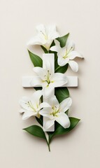 Fototapeta premium Elegant Easter Cross with Realistic Lily Design Minimalist White Floral Symbol for Spring Decor and Religious Celebration Displays in Modern Spaces