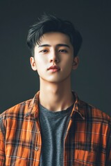 Fototapeta premium Young male Korean actor with a confident smirk, posing for a portrait.