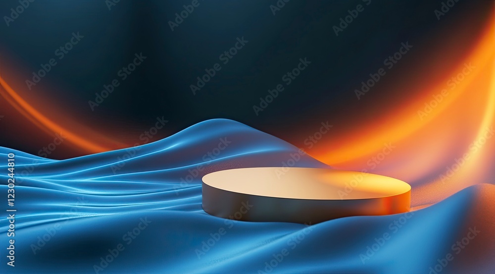 Poster 3d render, abstract background with a golden circular podium on a blue wave and orange light rays fo