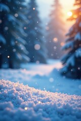 Sparkling snowflakes falling gently on a winter wonderland, festive atmosphere, frosty landscape