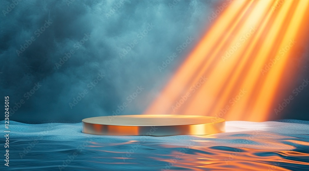 Poster 3d render, abstract background with a golden circular podium on a blue wave and orange light rays fo