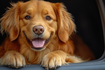 Golden retriever relaxing in a car, enjoying the view on a sunny day
