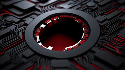Cybernetic Core: A mesmerizing abstract design, featuring a central black ring encircling a glowing red core, set against a backdrop of intricate black and red circuit board patterns.