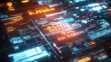 Fototapeta premium Abstract digital data streams with glowing orange and cyan HUD elements.